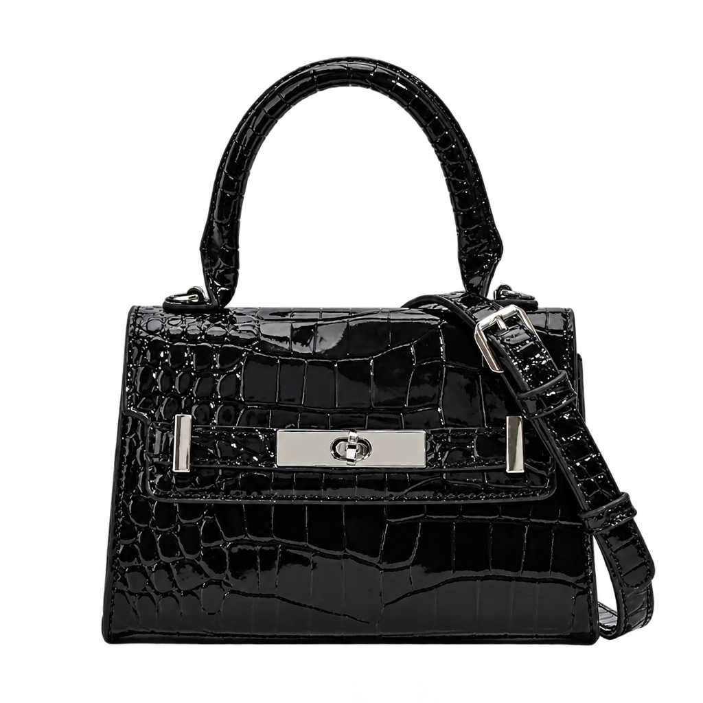 Bolso negro con textura de cocodrilo y fondo transparente