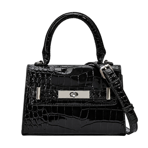 Bolso negro con textura de cocodrilo y fondo transparente